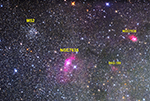 M52 and environs, cropped, enlarged, and labeled image